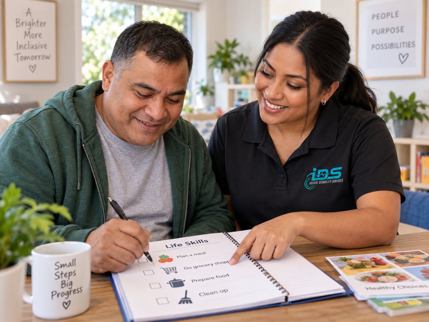 An IDS staff member helping a resident work through a life skills checklist