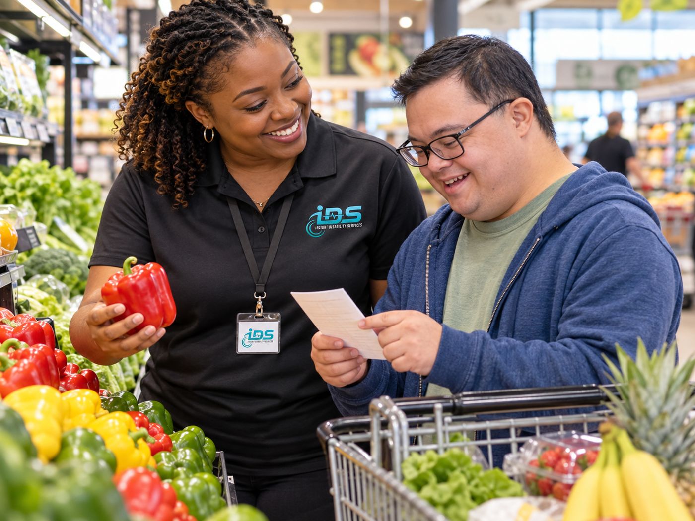 An IDS staff member grocery shopping with a person she supports