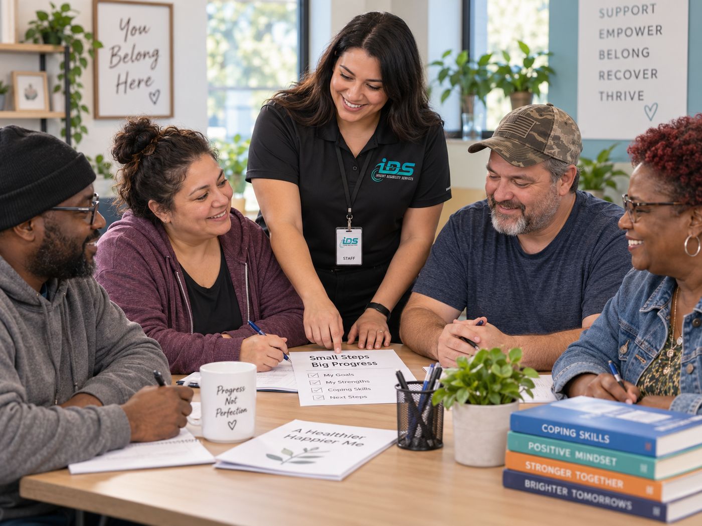 An IDS staff member leading a goal-setting group
