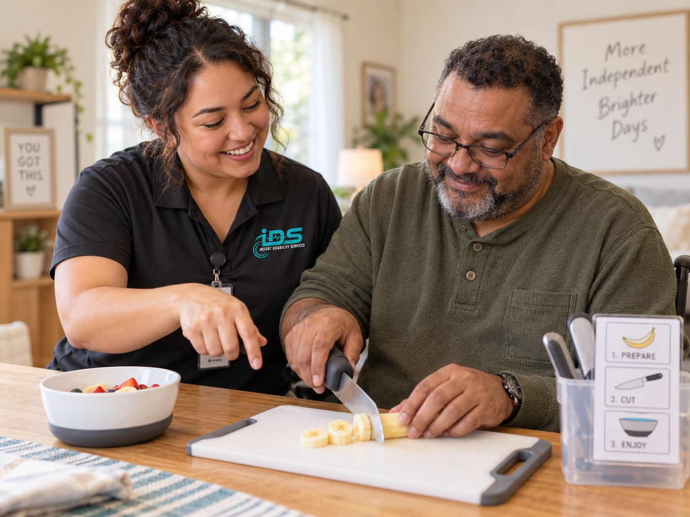 An IDS staff member coaching a resident through a cooking task